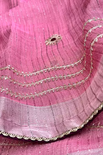 Pink Embroidery Thread And Beats Work Design Fabric Soft Linen Saree With Unstitched Blouse