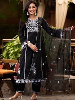 Ethnic Motif Thread Embroidered A-Line Kurta With Afghani Trousers & Dupatta 1