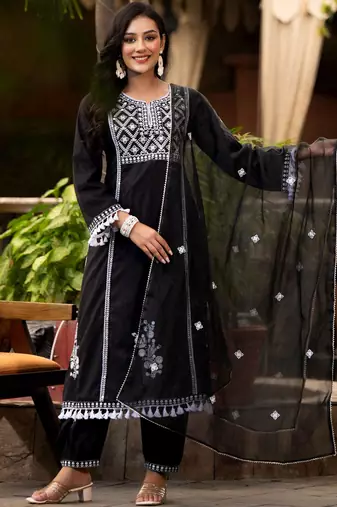 Ethnic Motif Thread Embroidered A-Line Kurta With Afghani Trousers & Dupatta