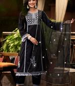 Ethnic Motif Thread Embroidered A-Line Kurta With Afghani Trousers & Dupatta