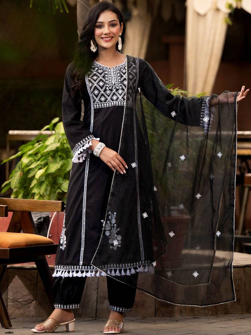 Ethnic Motif Thread Embroidered A-Line Kurta With Afghani Trousers & Dupatta