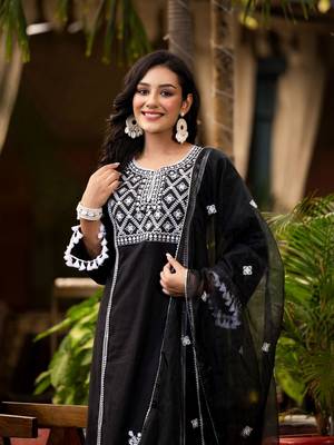 Ethnic Motif Thread Embroidered A-Line Kurta With Afghani Trousers & Dupatta 2
