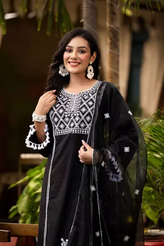 Ethnic Motif Thread Embroidered A-Line Kurta With Afghani Trousers & Dupatta