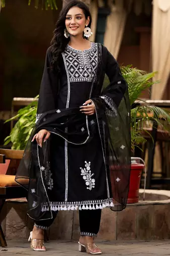 Ethnic Motif Thread Embroidered A-Line Kurta With Afghani Trousers & Dupatta