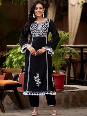Ethnic Motif Thread Embroidered A-Line Kurta With Afghani Trousers & Dupatta 4