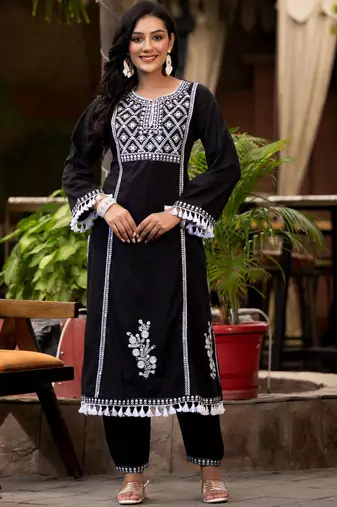 Ethnic Motif Thread Embroidered A-Line Kurta With Afghani Trousers & Dupatta