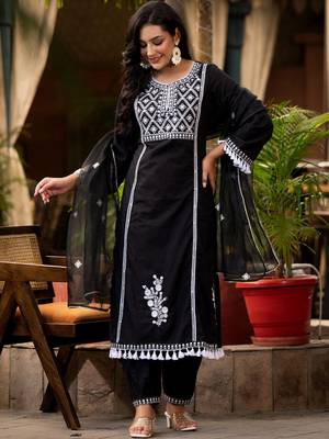 Ethnic Motif Thread Embroidered A-Line Kurta With Afghani Trousers & Dupatta 5