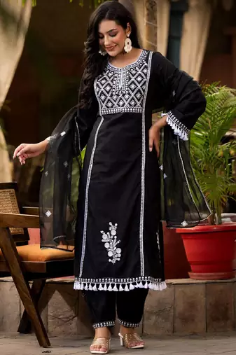 Ethnic Motif Thread Embroidered A-Line Kurta With Afghani Trousers & Dupatta
