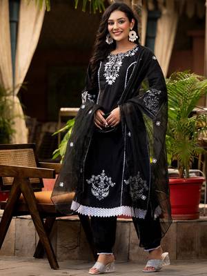 Ethnic Motif Thread Embroidered A-Line Kurta With Afghani Trouser & Dupatta 1