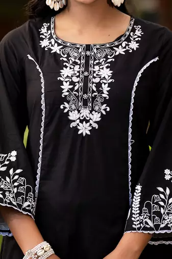 Ethnic Motif Thread Embroidered A-Line Kurta With Afghani Trouser & Dupatta
