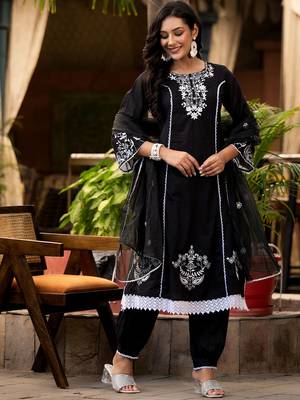 Ethnic Motif Thread Embroidered A-Line Kurta With Afghani Trouser & Dupatta 3
