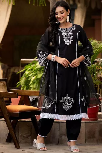 Ethnic Motif Thread Embroidered A-Line Kurta With Afghani Trouser & Dupatta