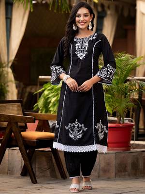 Ethnic Motif Thread Embroidered A-Line Kurta With Afghani Trouser & Dupatta 4