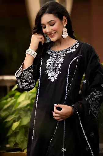 Ethnic Motif Thread Embroidered A-Line Kurta With Afghani Trouser & Dupatta