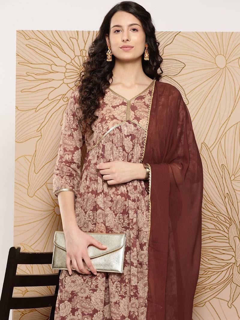 Women Floral Printed Sequinned Pure Cotton Kurta with Trousers & With Dupatta