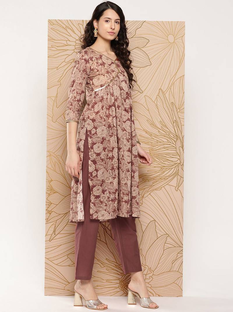 Women Floral Printed Sequinned Pure Cotton Kurta with Trousers & With Dupatta