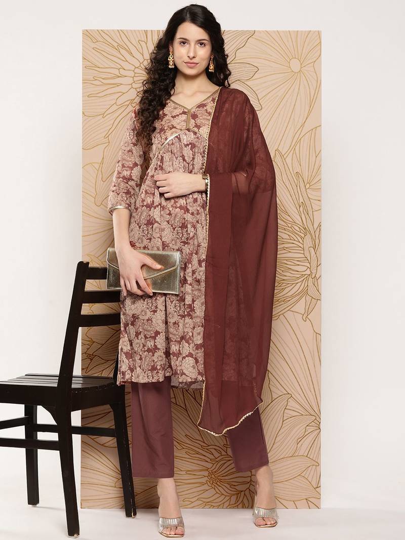 Women Floral Printed Sequinned Pure Cotton Kurta with Trousers & With Dupatta