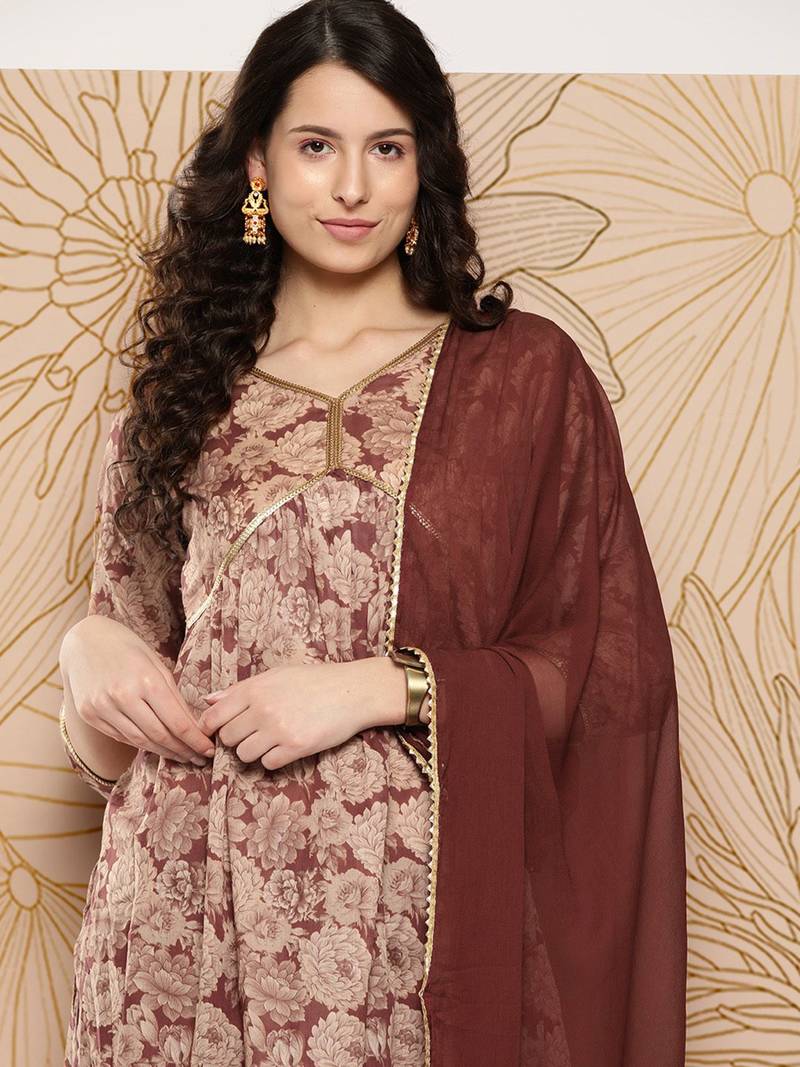 Women Floral Printed Sequinned Pure Cotton Kurta with Trousers & With Dupatta