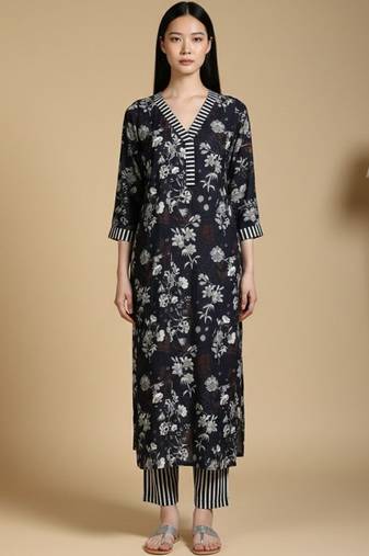 Floral Printed V-Neck Kurta With Trousers