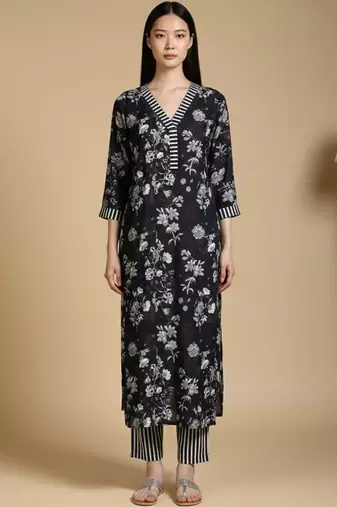 Floral Printed V-Neck Kurta With Trousers