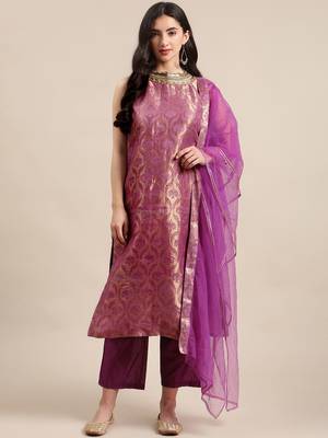 Women Purple Ethnic Motifs Woven Design Kurta With Palazzos & Dupatta 1