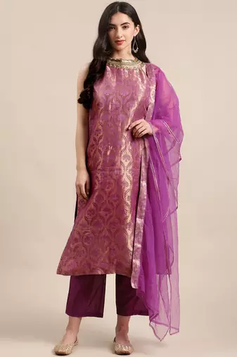 Women Purple Ethnic Motifs Woven Design Kurta With Palazzos & Dupatta