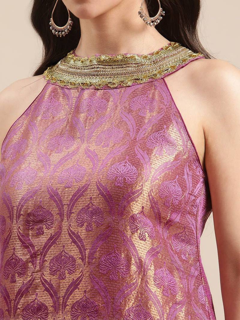 Women Purple Ethnic Motifs Woven Design Kurta With Palazzos & Dupatta