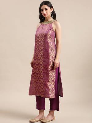 Women Purple Ethnic Motifs Woven Design Kurta With Palazzos & Dupatta 5