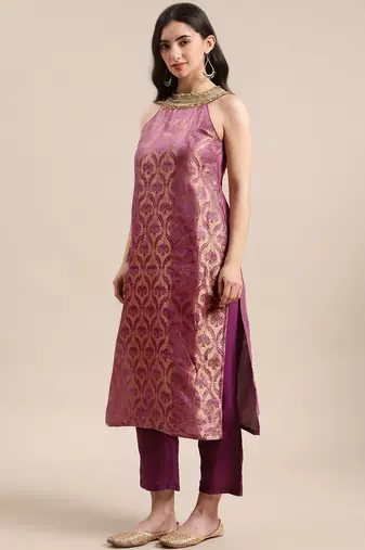 Women Purple Ethnic Motifs Woven Design Kurta With Palazzos & Dupatta