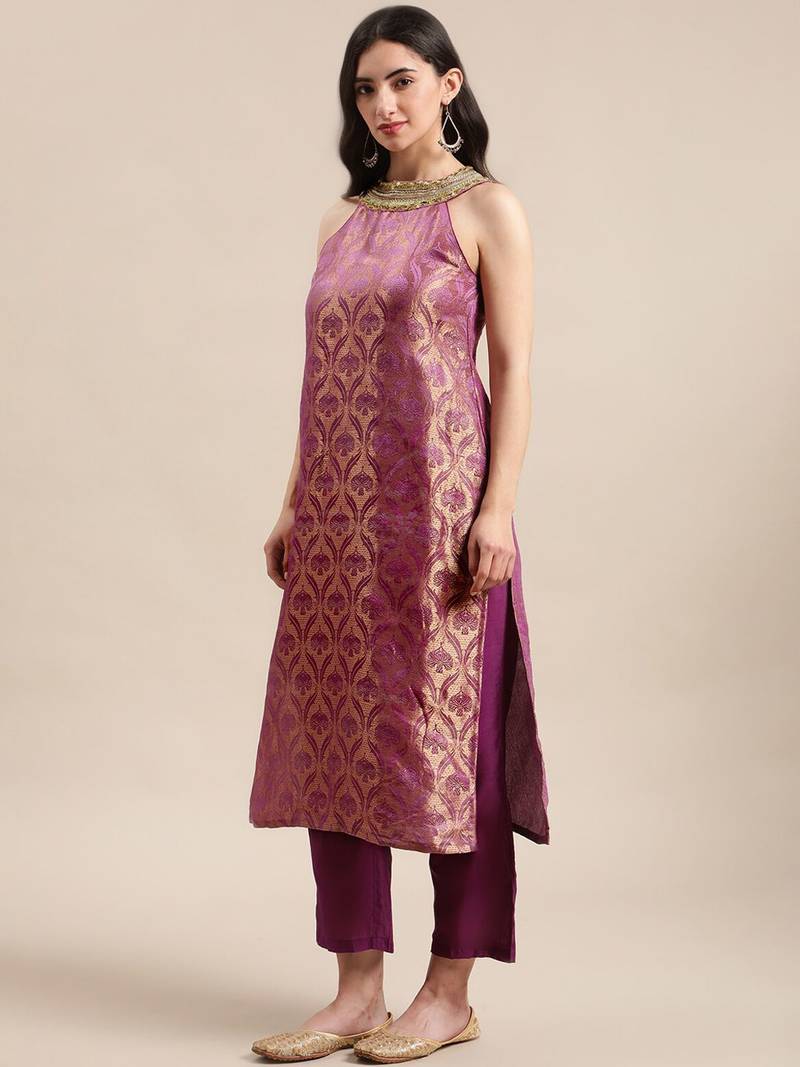 Women Purple Ethnic Motifs Woven Design Kurta With Palazzos & Dupatta