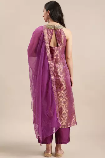Women Purple Ethnic Motifs Woven Design Kurta With Palazzos & Dupatta