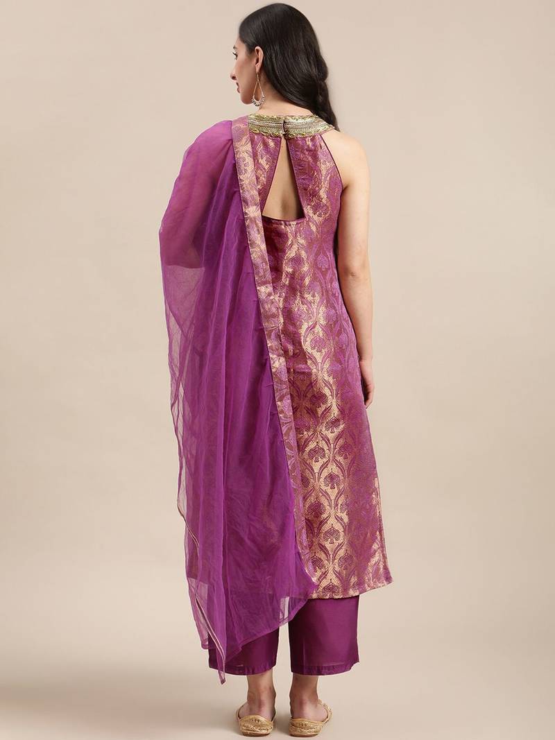 Women Purple Ethnic Motifs Woven Design Kurta With Palazzos & Dupatta