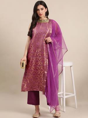 Women Purple Ethnic Motifs Woven Design Kurta With Palazzos & Dupatta 7