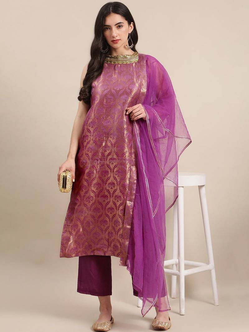 Women Purple Ethnic Motifs Woven Design Kurta With Palazzos & Dupatta