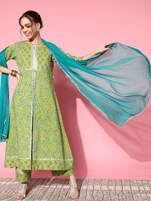 Women Green Floral Printed Mirror Work Pure Cotton Kurta with Palazzos & With Dupatta 1