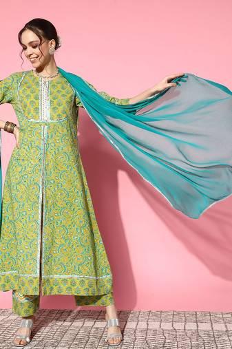 Women Green Floral Printed Mirror Work Pure Cotton Kurta with Palazzos & With Dupatta