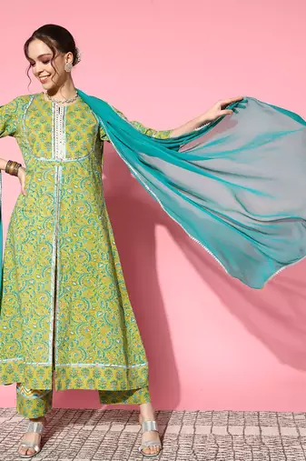 Women Green Floral Printed Mirror Work Pure Cotton Kurta with Palazzos & With Dupatta