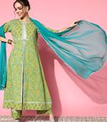 Women Green Floral Printed Mirror Work Pure Cotton Kurta with Palazzos & With Dupatta