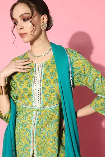 Women Green Floral Printed Mirror Work Pure Cotton Kurta with Palazzos & With Dupatta