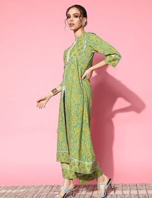 Women Green Floral Printed Mirror Work Pure Cotton Kurta with Palazzos & With Dupatta 4