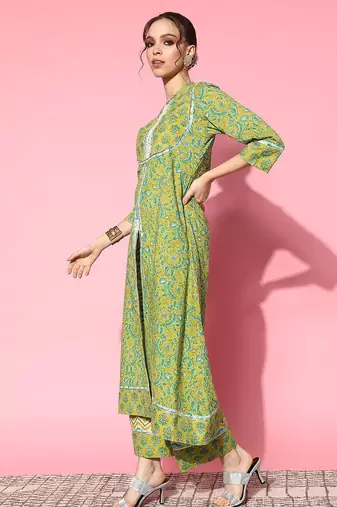 Women Green Floral Printed Mirror Work Pure Cotton Kurta with Palazzos & With Dupatta