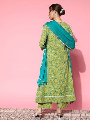 Women Green Floral Printed Mirror Work Pure Cotton Kurta with Palazzos & With Dupatta 5