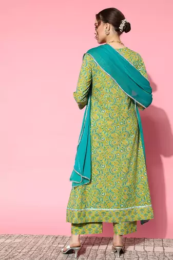 Women Green Floral Printed Mirror Work Pure Cotton Kurta with Palazzos & With Dupatta
