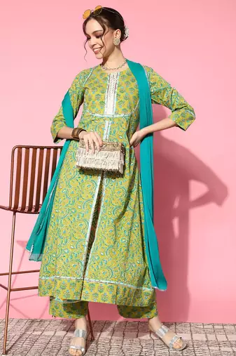 Women Green Floral Printed Mirror Work Pure Cotton Kurta with Palazzos & With Dupatta