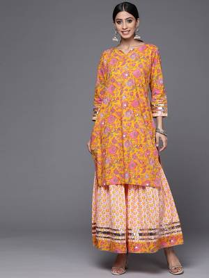 Women Mustard Yellow & White Ethnic Print Print Pure Cotton Kurta with Sharara 1