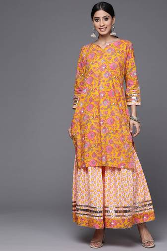 Women Mustard Yellow & White Ethnic Print Print Pure Cotton Kurta with Sharara