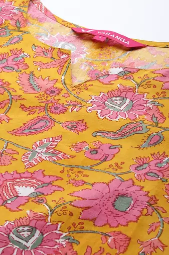 Women Mustard Yellow & White Ethnic Print Print Pure Cotton Kurta with Sharara