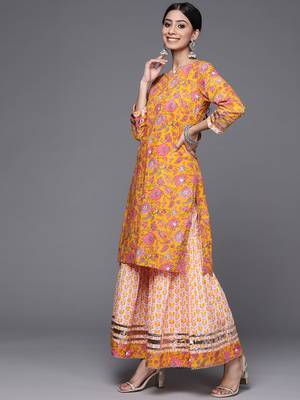Women Mustard Yellow & White Ethnic Print Print Pure Cotton Kurta with Sharara 4