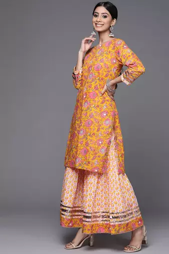 Women Mustard Yellow & White Ethnic Print Print Pure Cotton Kurta with Sharara