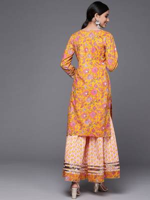 Women Mustard Yellow & White Ethnic Print Print Pure Cotton Kurta with Sharara 5